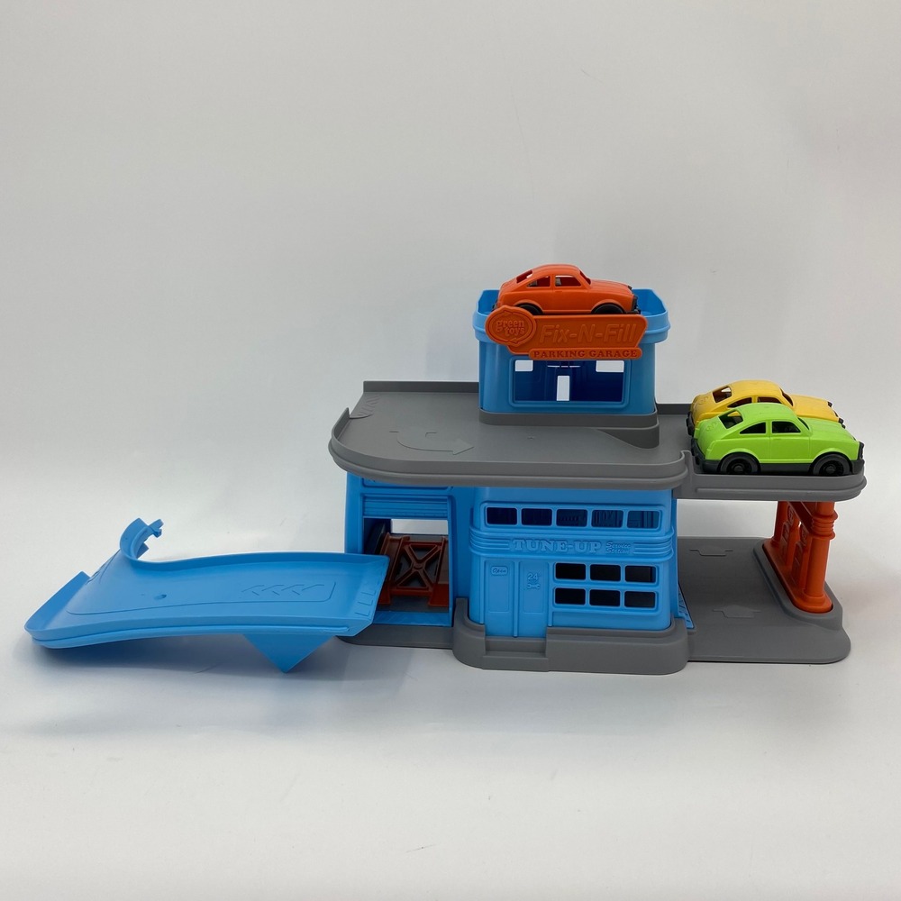 Green Toys Fix-N-Fill Parking Garage‎ Playset with 3 Cars Blue Grey Recycled Toy